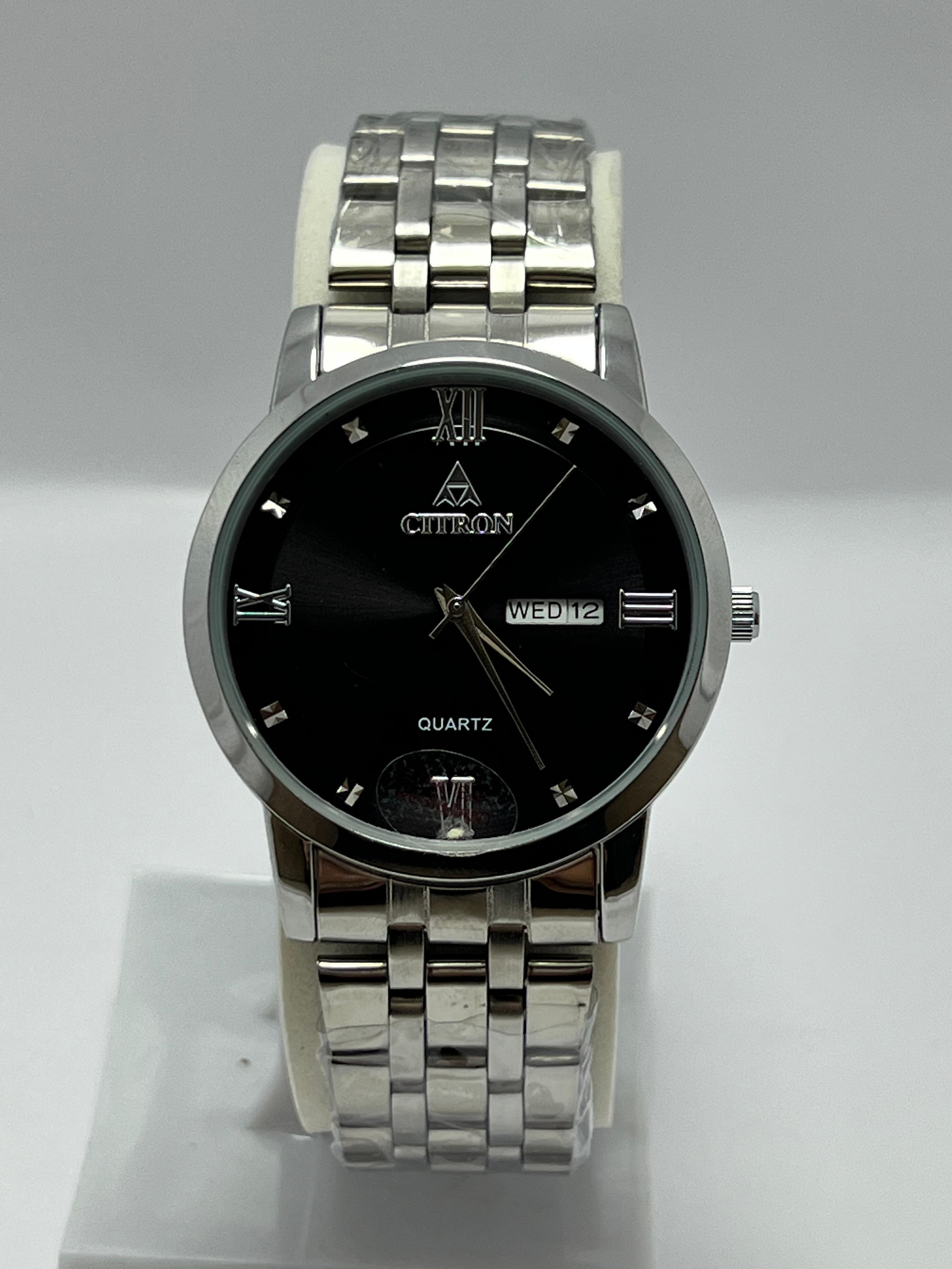 Citron Quartz Classic Men’s Watch – Black Dial, Silver Chain Strap