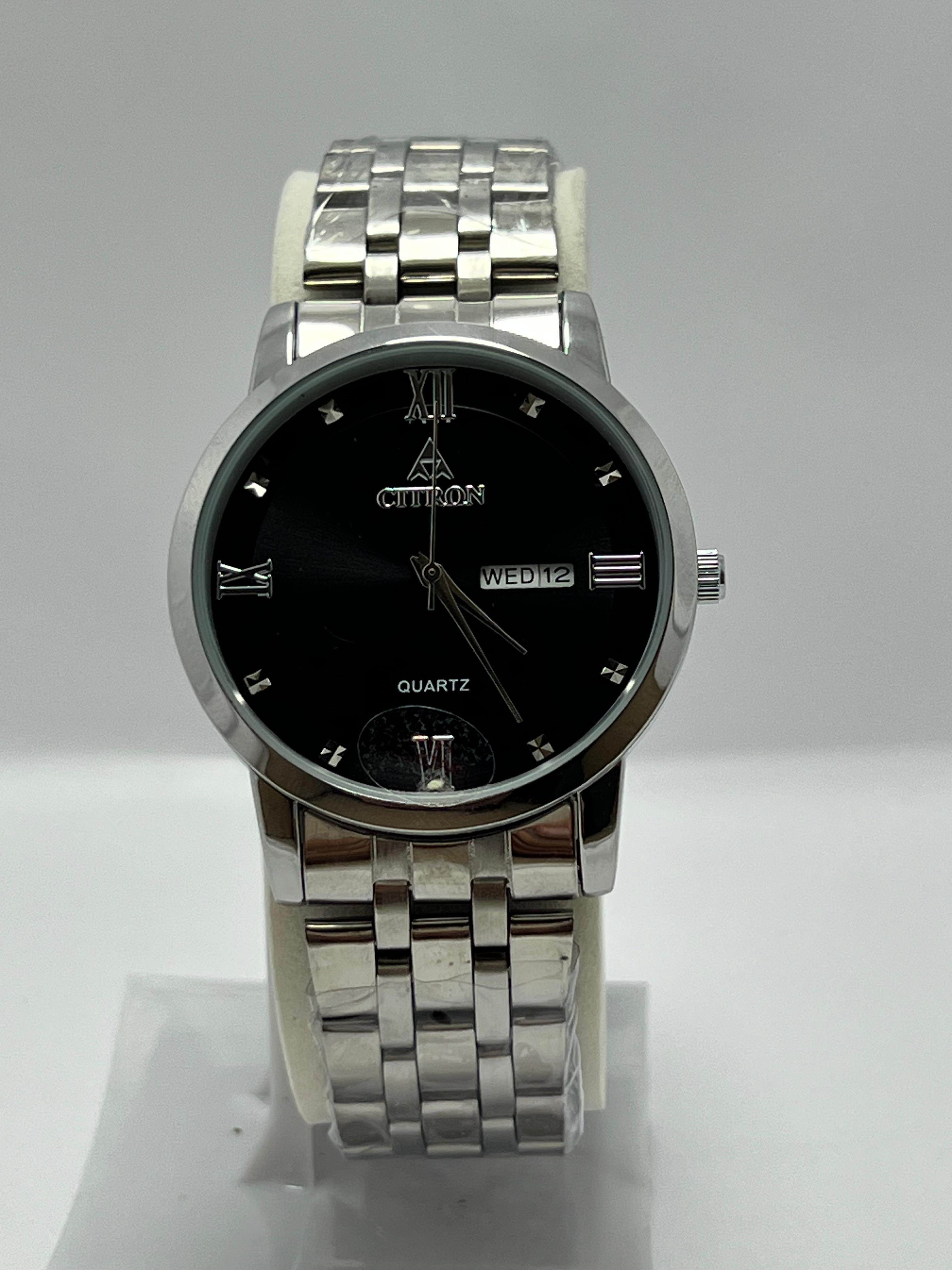 Citron Quartz Classic Men’s Watch – Black Dial, Silver Chain Strap