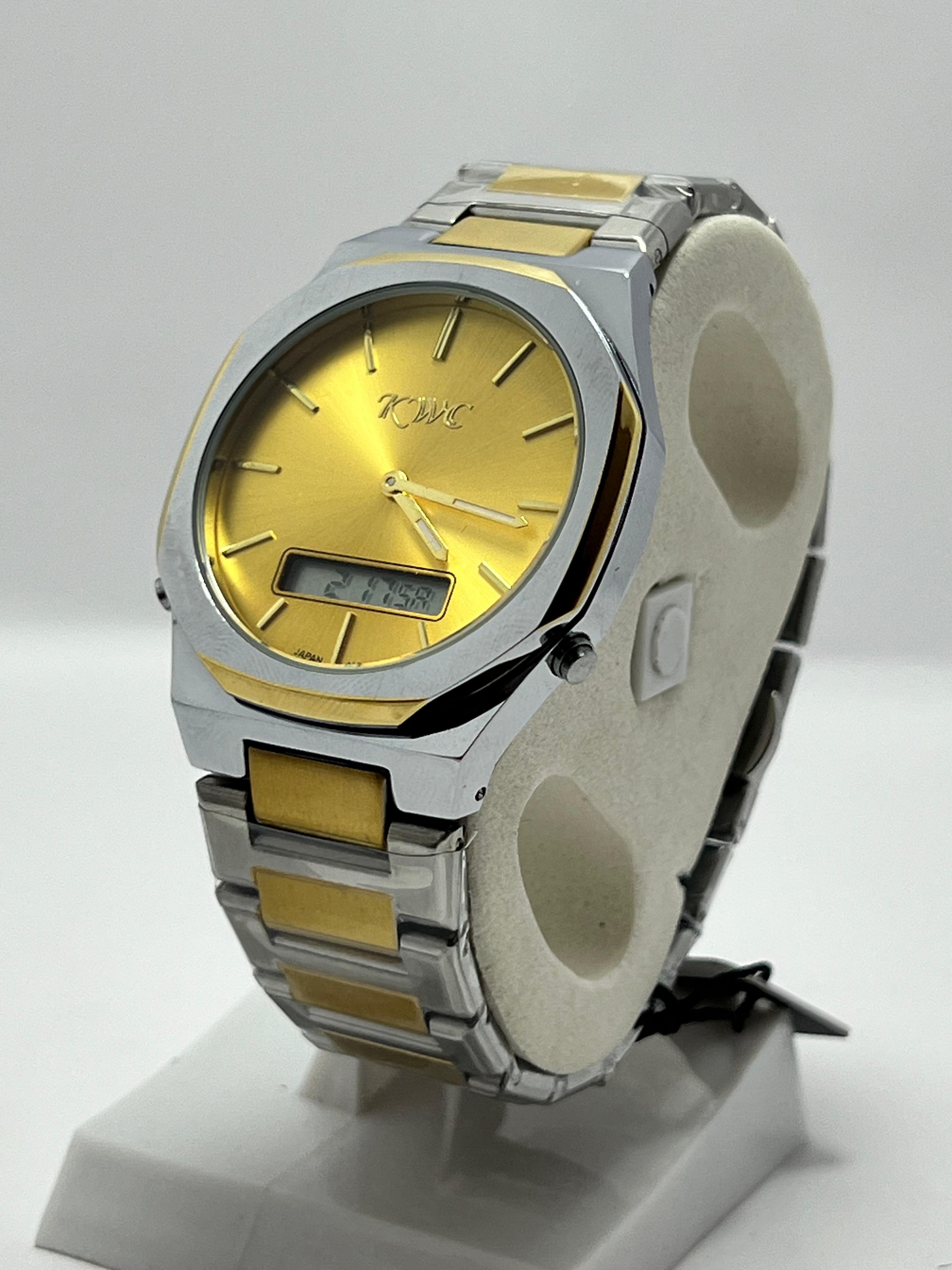 KWC Luxury Dual Time Wrist Watch – Gold & Silver Stainless Steel Men’s Analog Digital Watch