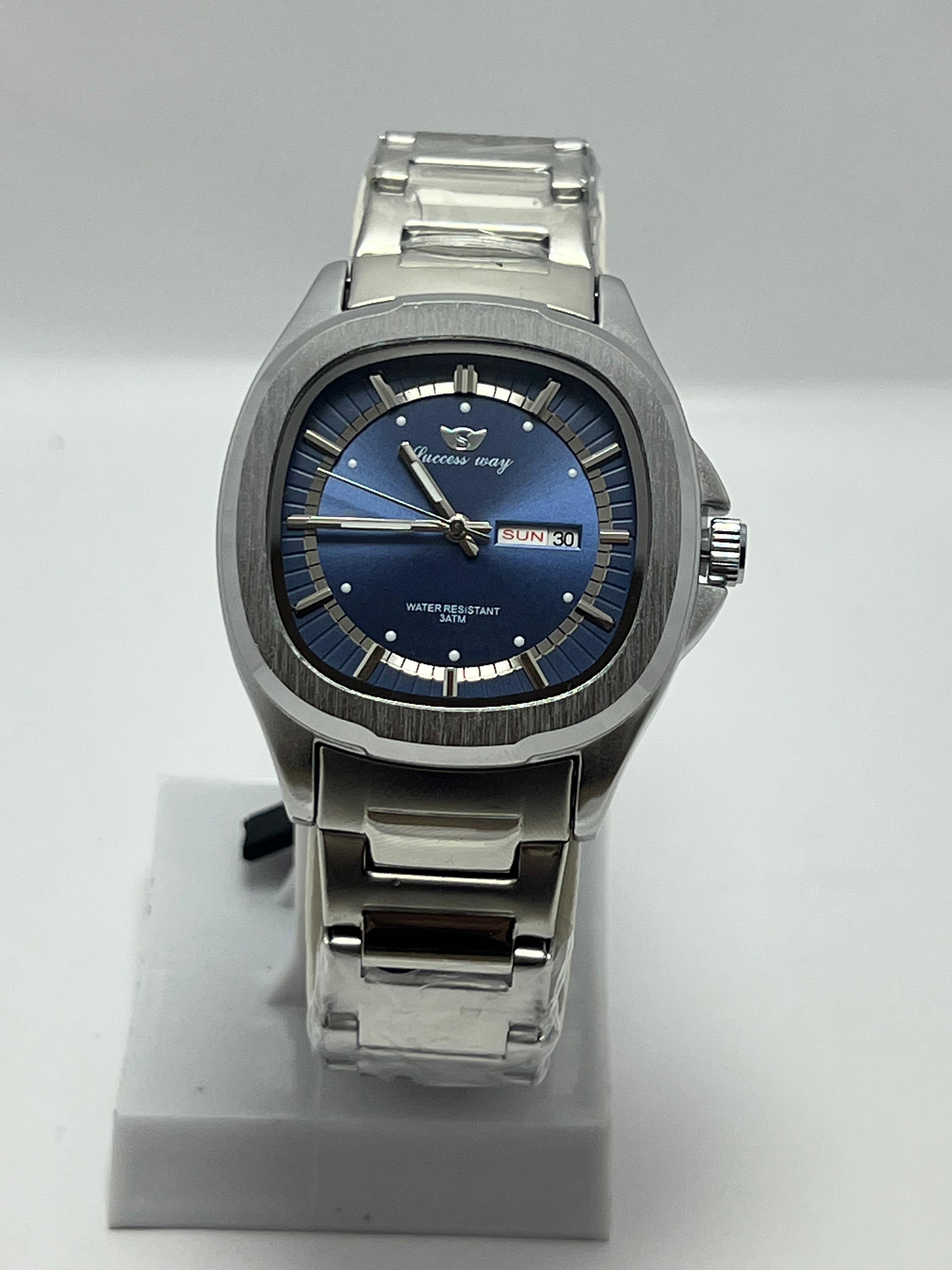 Success Way Stainless Steel Men's Wrist Watch – Blue Dial, Day & Date Display, Water Resistant