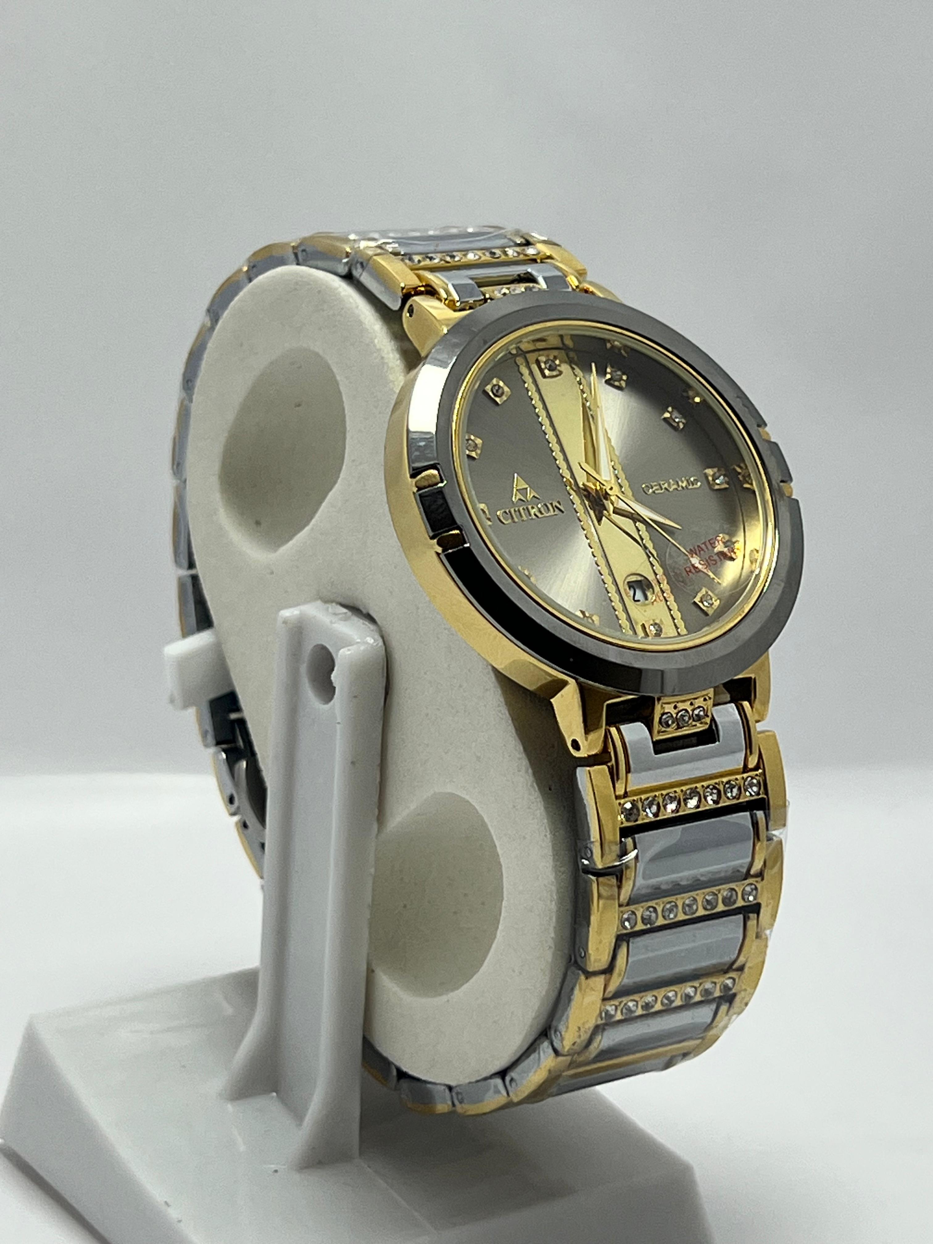 Luxury Citron Ceramic Gold & Silver Wristwatch – Water Resistant, Diamond Accents
