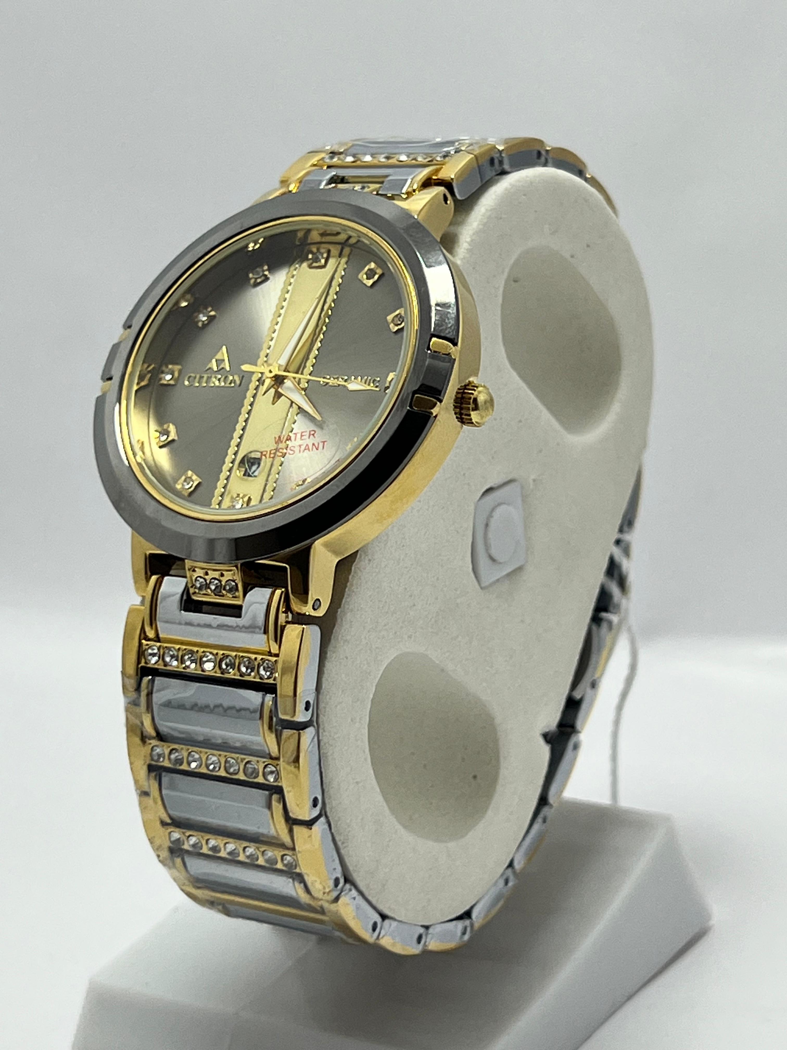 Luxury Citron Ceramic Gold & Silver Wristwatch – Water Resistant, Diamond Accents