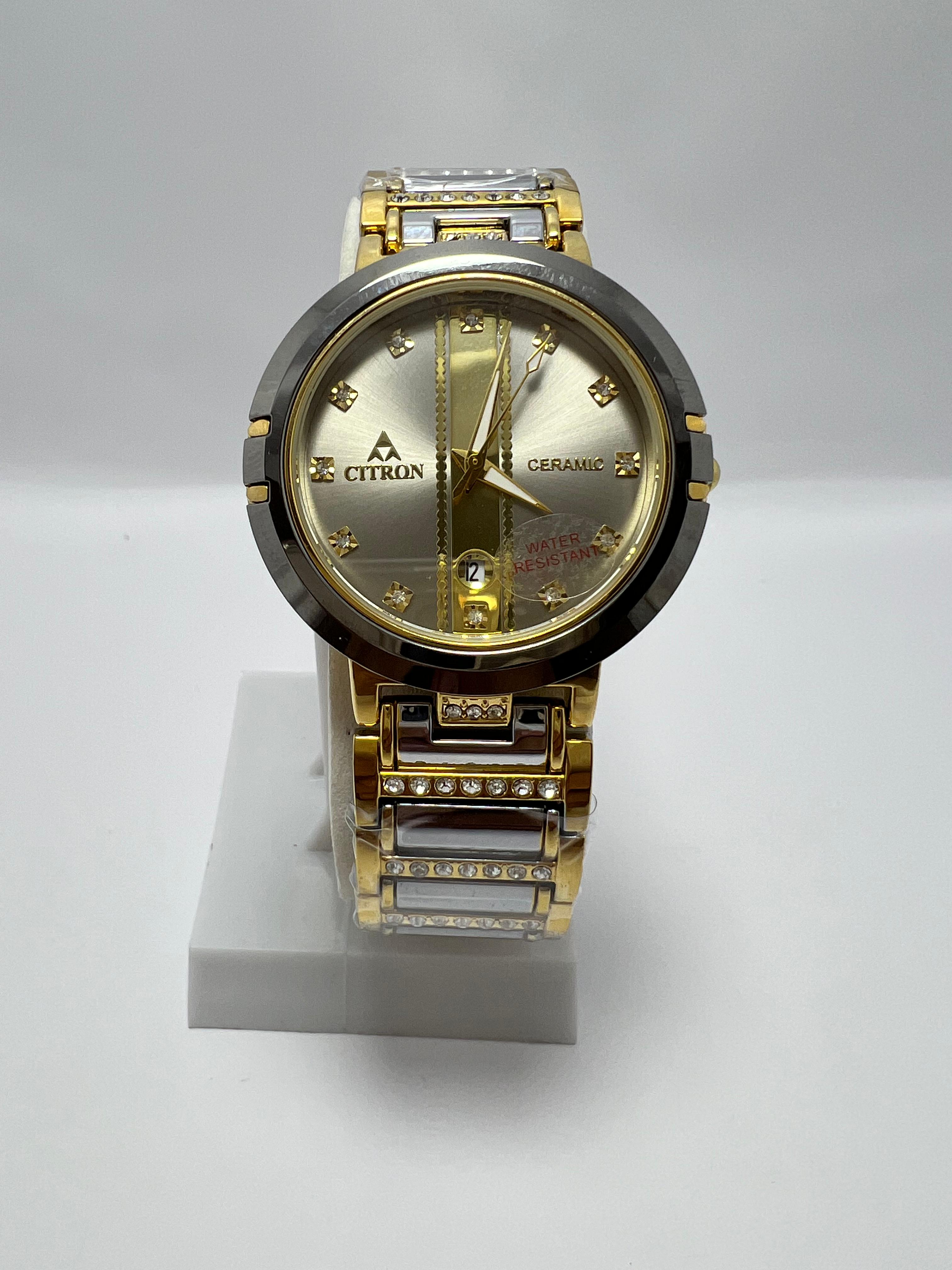 Luxury Citron Ceramic Gold & Silver Wristwatch – Water Resistant, Diamond Accents