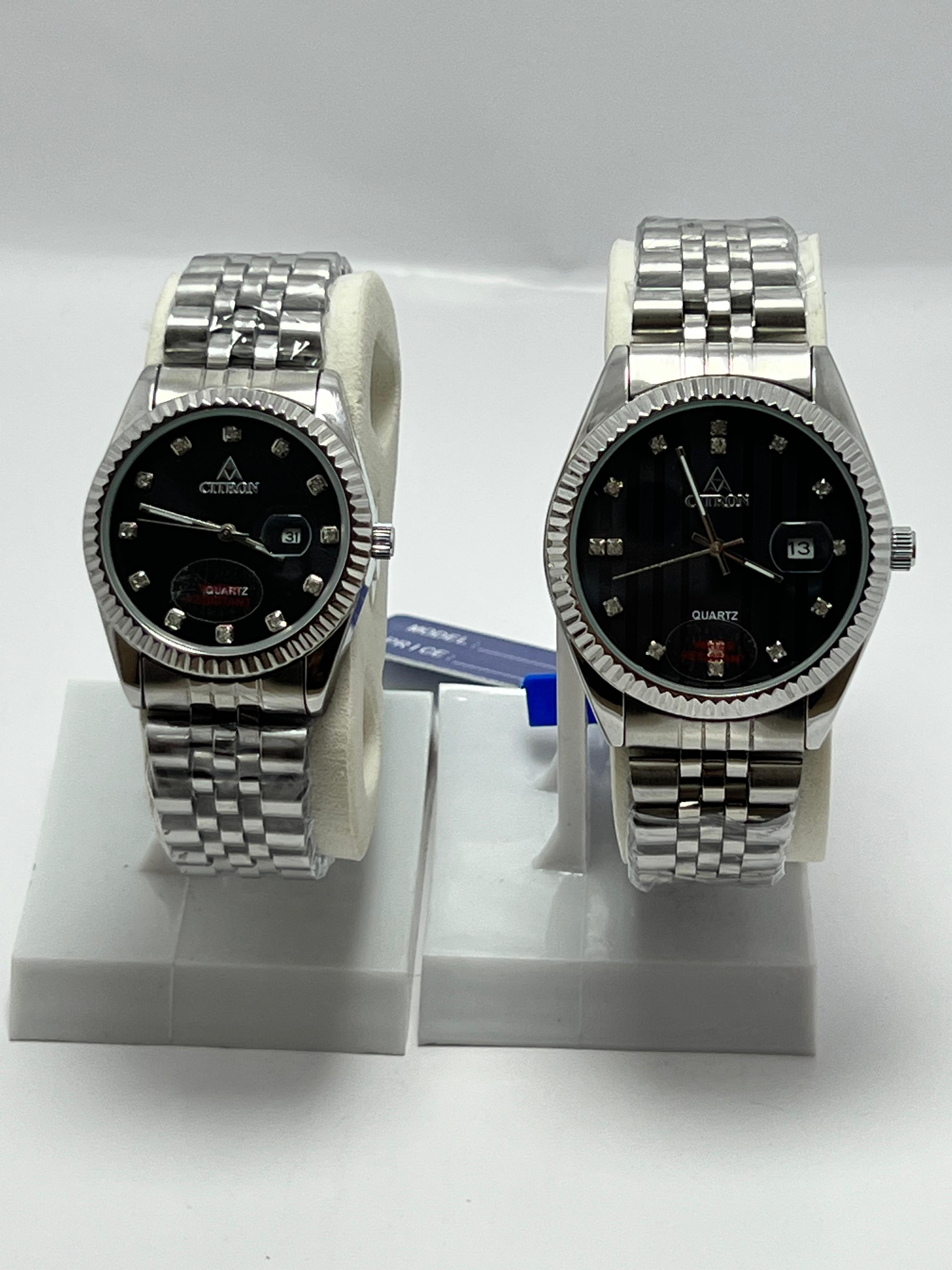 Ciron Stainless Steel Couple Watches – Black Dial, Date Display, Quartz Movement
