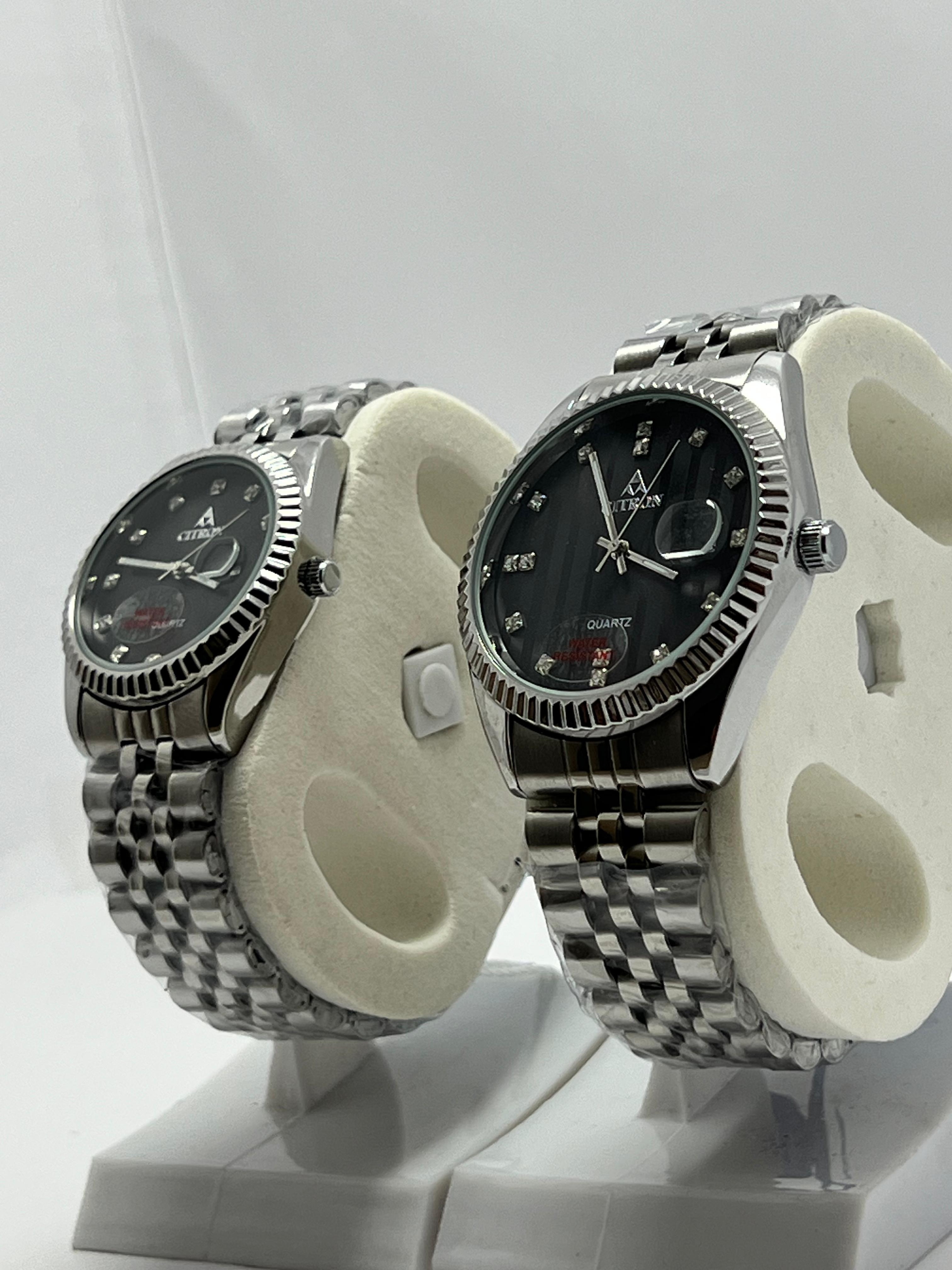 Ciron Stainless Steel Couple Watches – Black Dial, Date Display, Quartz Movement