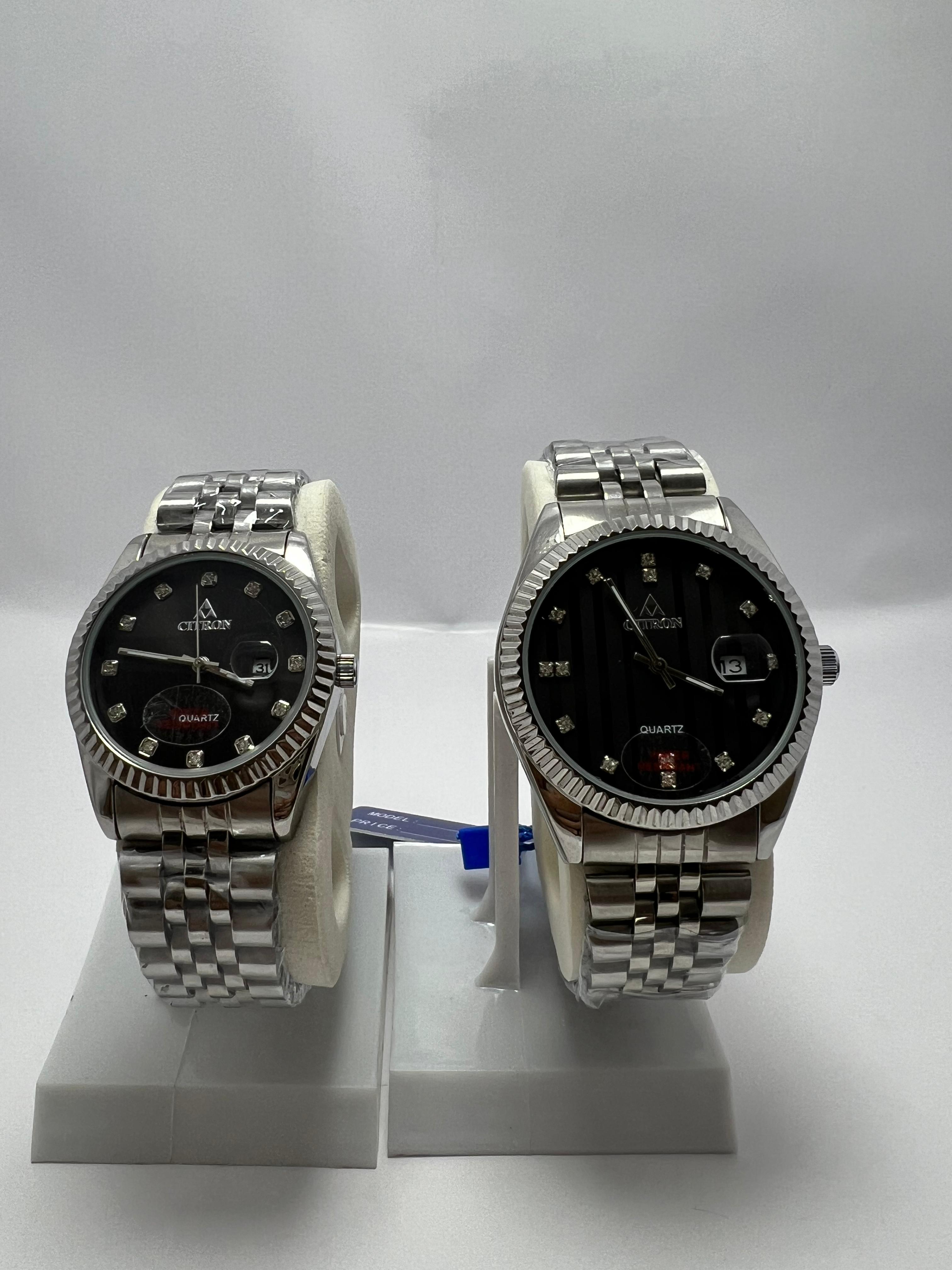 Ciron Stainless Steel Couple Watches – Black Dial, Date Display, Quartz Movement