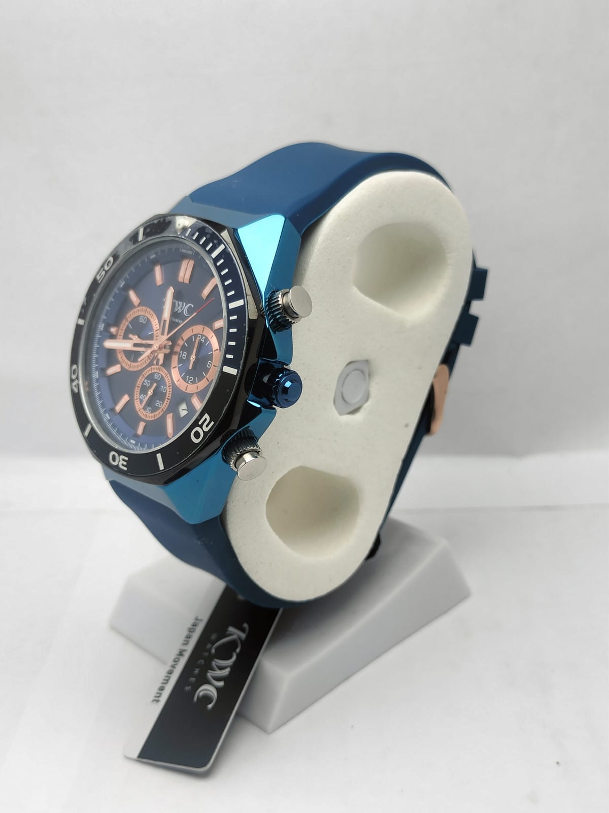 KWC Men’s Luxury Chronograph Watch – Blue Silicone Strap & Rose Gold Dial