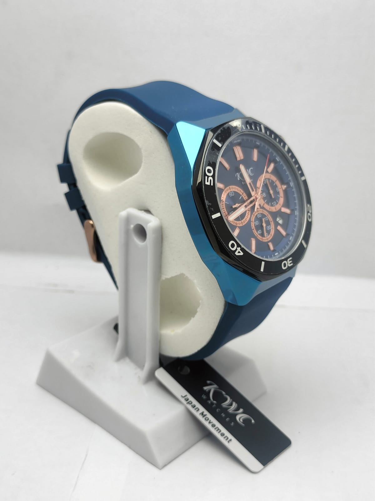 KWC Men’s Luxury Chronograph Watch – Blue Silicone Strap & Rose Gold Dial