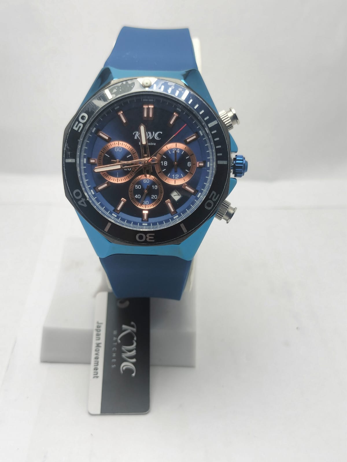 KWC Men’s Luxury Chronograph Watch – Blue Silicone Strap & Rose Gold Dial