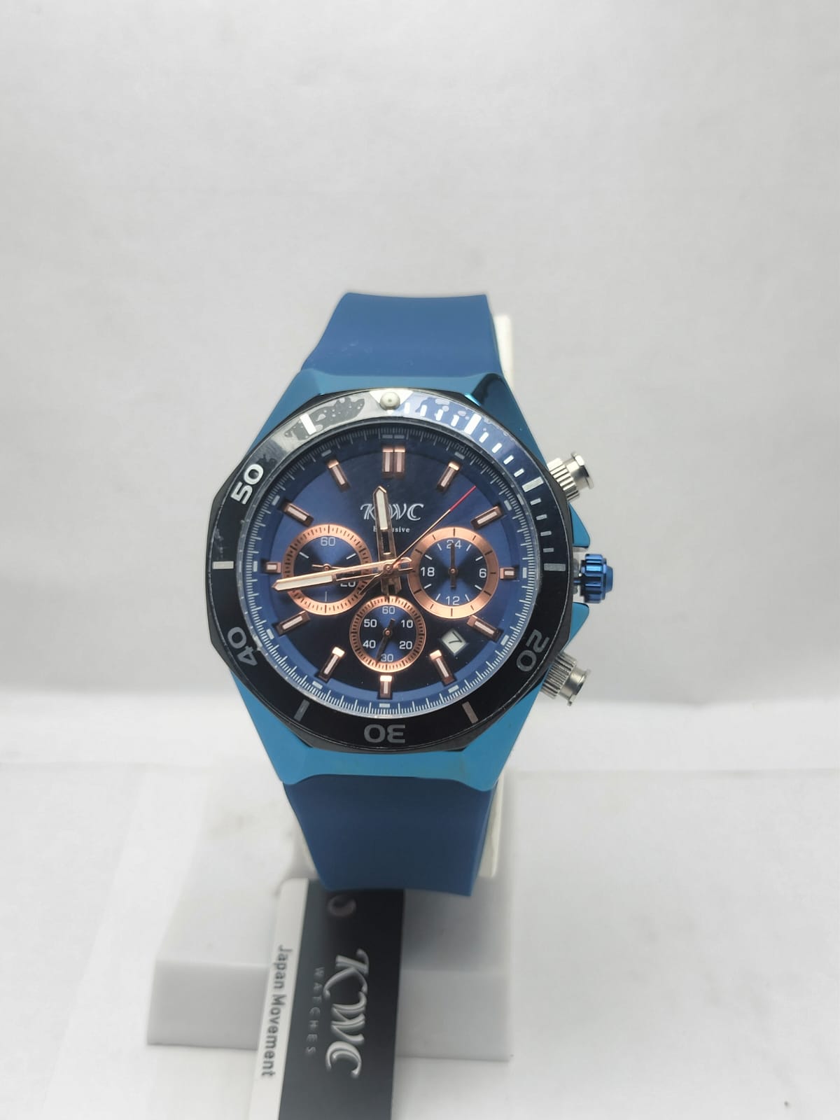 KWC Men’s Luxury Chronograph Watch – Blue Silicone Strap & Rose Gold Dial