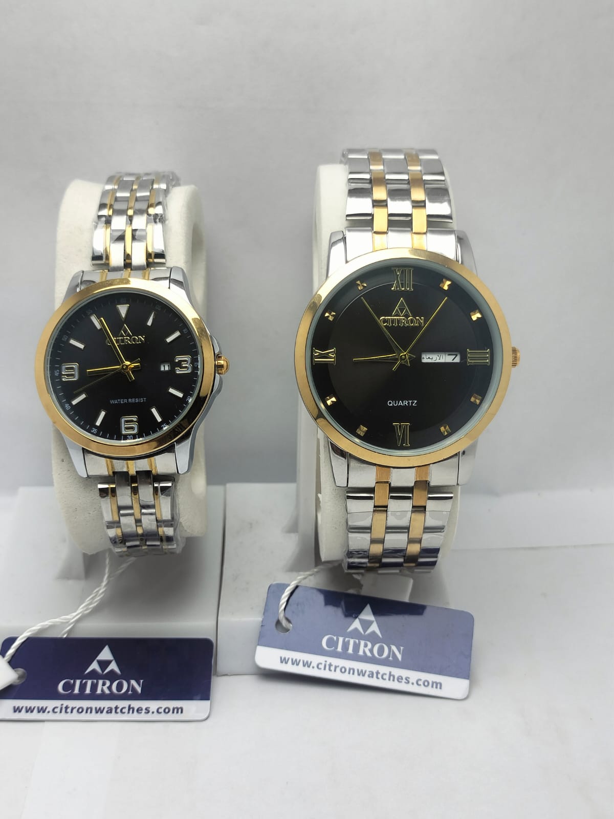 Citron Couple Watches – Matching Silver & Gold Strap with Black Dial