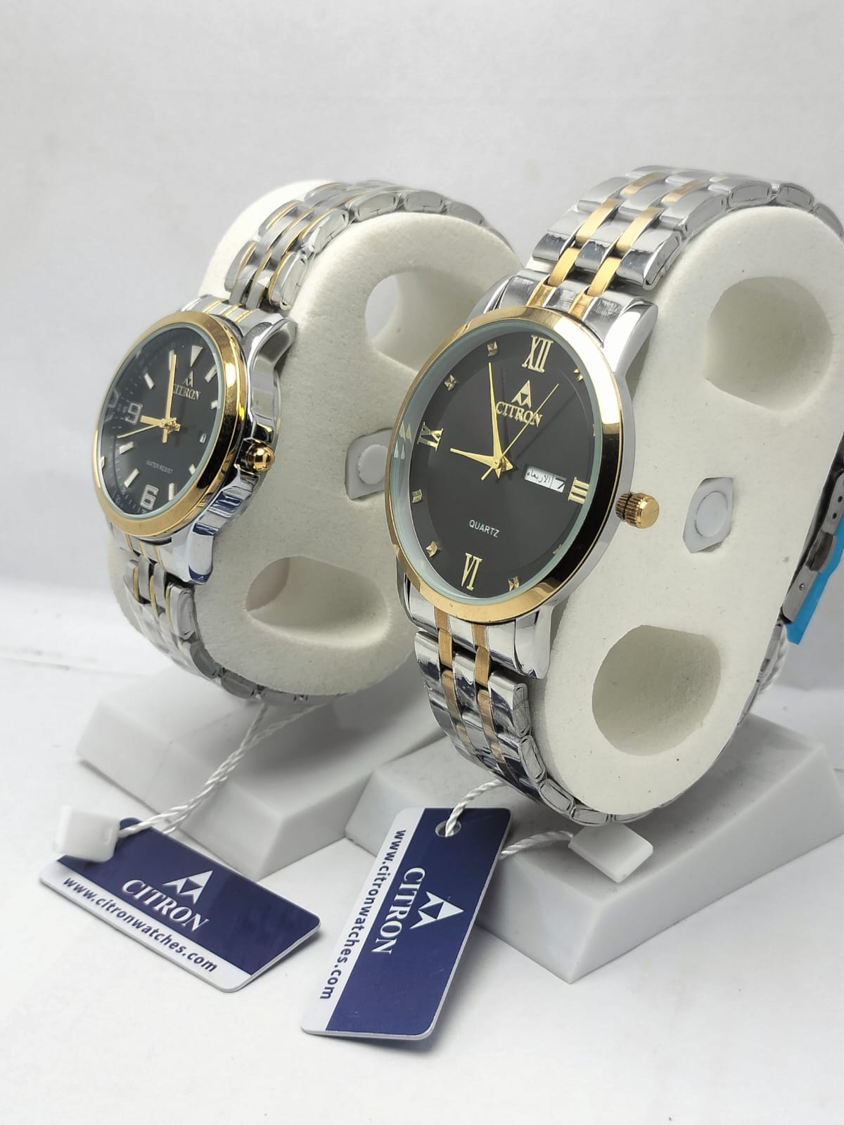 Citron Couple Watches – Matching Silver & Gold Strap with Black Dial