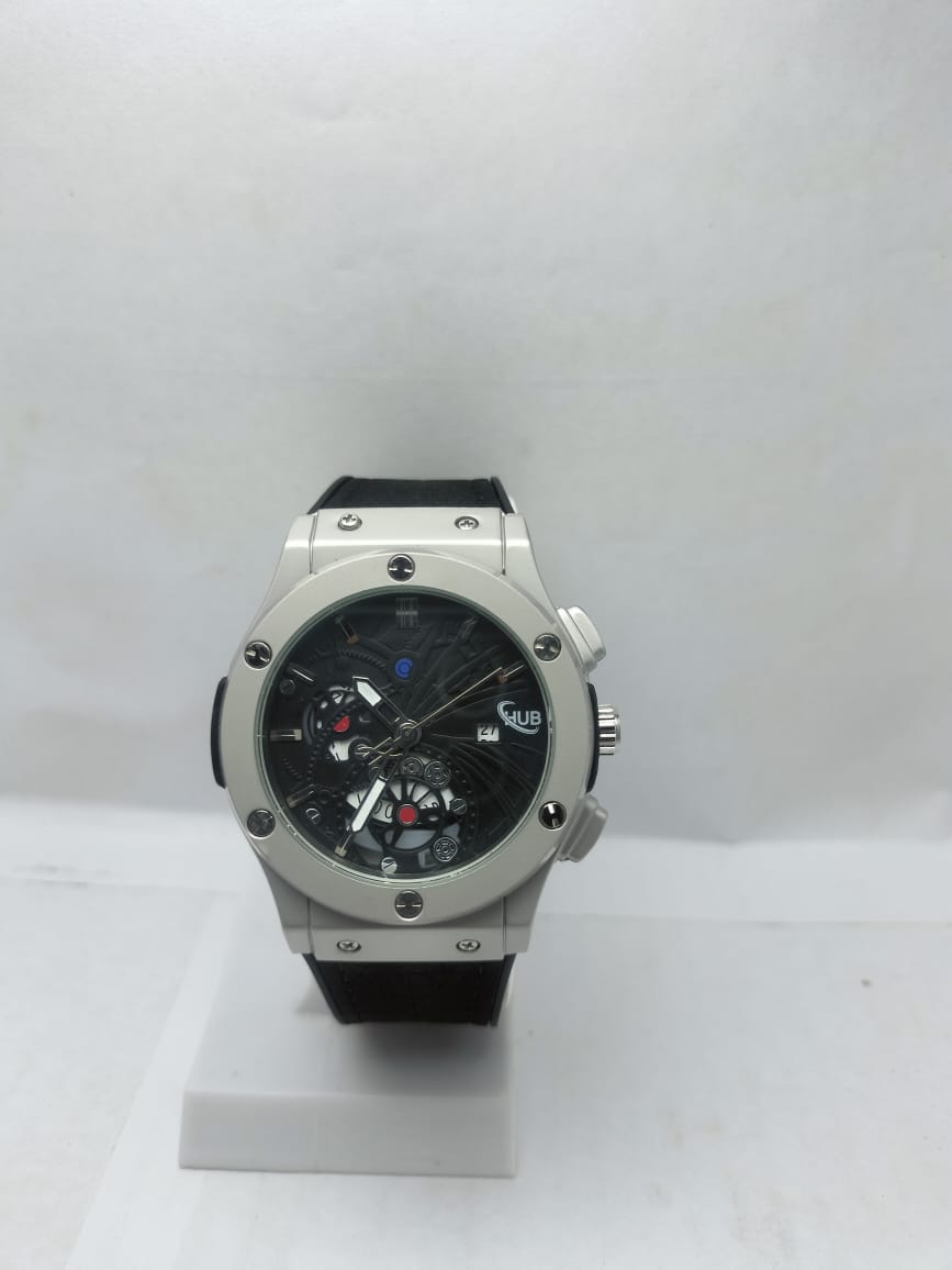 Men’s Luxury Hublot Watch Silver Case with Black Strap