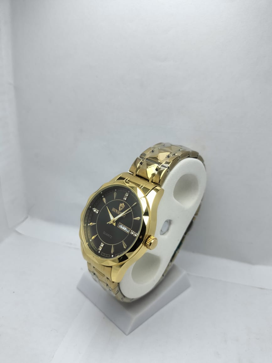 BINBOND Men’s Luxury Gold Quartz Watch – Black Dial with Crystal Markers
