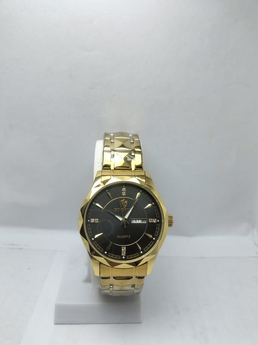 BINBOND Men’s Luxury Gold Quartz Watch – Black Dial with Crystal Markers