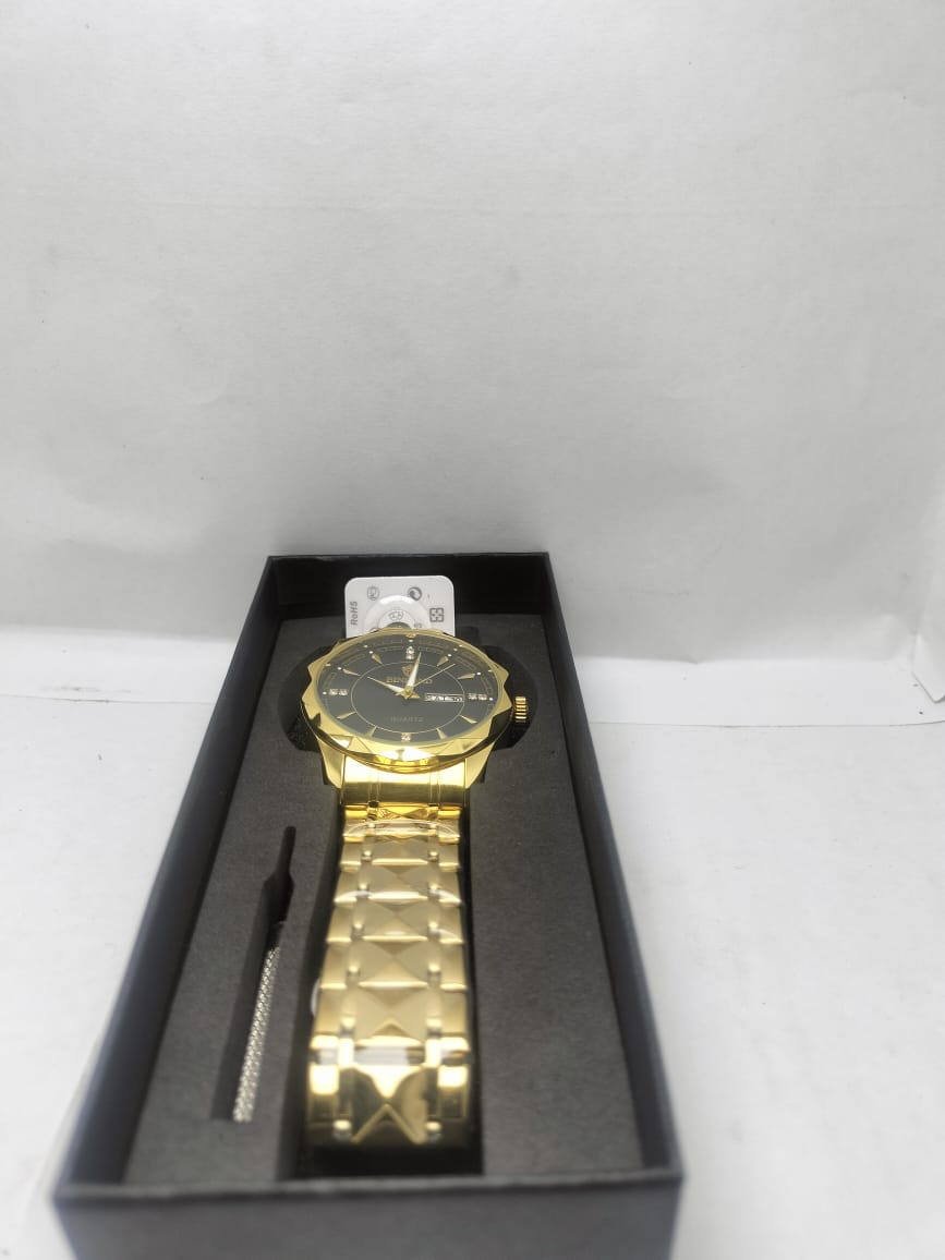 BINBOND Men’s Luxury Gold Quartz Watch – Black Dial with Crystal Markers